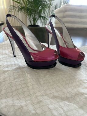bebe Patent Peep-Toe Slingback Heels in Pink and Purple
